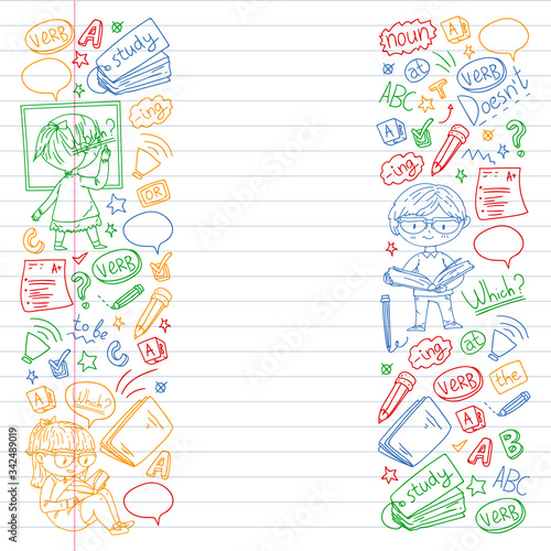 Online english school for children. Learn language. Education vector illustration. Kids drawing doodle style image.