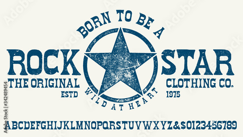 Original vintage Denim print "rock star" for t-shirt or apparel. Old school vector graphic for fashion and printing. 
Retro alphabet in western style ,  Serif  type letters.