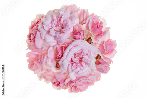 Circular bouquet of fresh pink roses on white