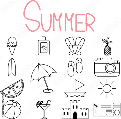 set of doodle summer icons for design