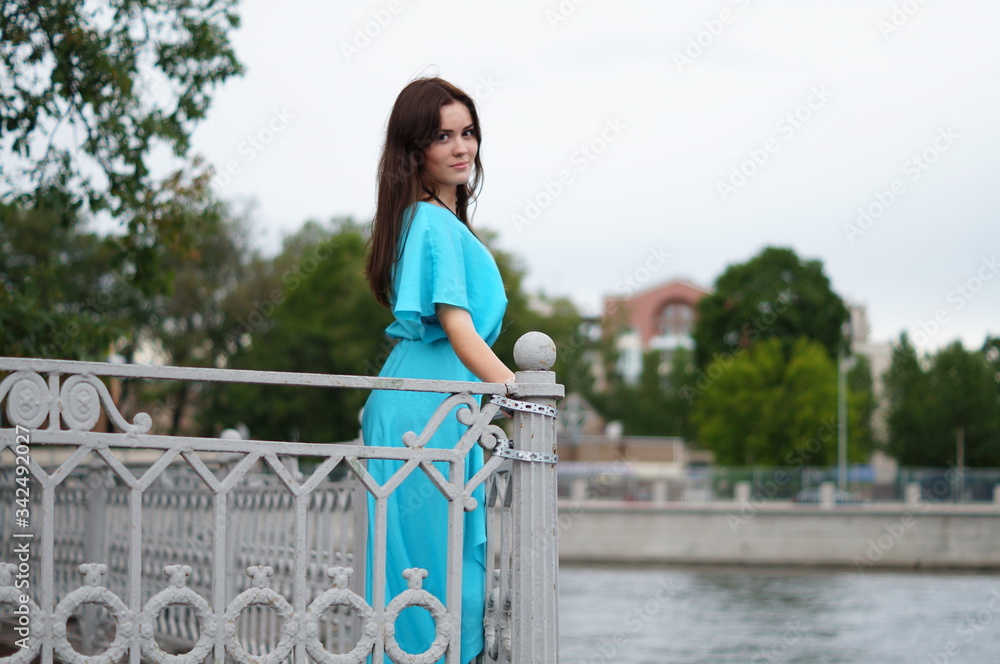 Beautiful girl in a blue long dress posing in a meadow in various elegant poses. Professional model with long hair