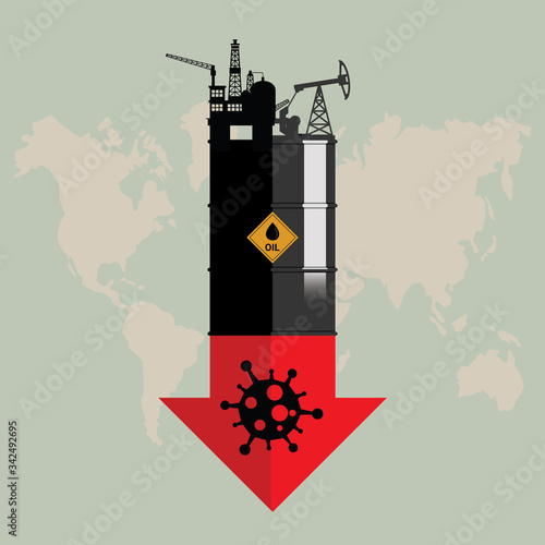 Oil crisis because outbreak of (pandemic) coronavirus concept. Design with Rig, Winch, Oil Tank and red down arrow with COVID-19 showing a decline in oil prices. Flat vector illustration