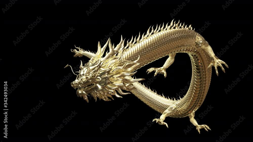 3D animation Gold Chinese dragon move pass camera with 3d rendering animation include alpha path.