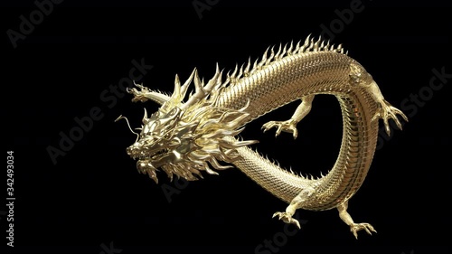 3D animation Gold Chinese dragon move pass camera with 3d rendering animation include alpha path. photo