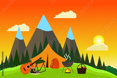 Tourist tent  backpack  guitar  boots  chair  bonfire  food basket on a background of mountains  forest and sunset.