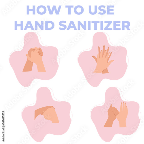 How to use hand sanitizer procedure to desinfect hands. Personal hygiene, infographic procedure to wash alcohol gel. Clean disease prevention covid-19.