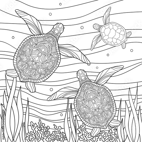 Family of turtles with small patterns in underwater world with corals and algae on white isolated background. Sea hand drawn illustration. For kids and adults coloring book pages.