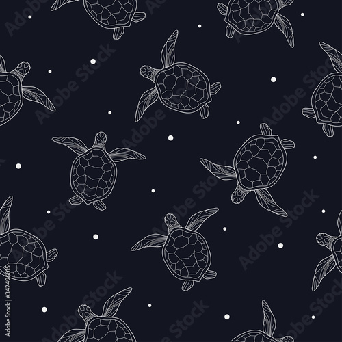 Light hand drawn simple turtles with white dots on black background. Seamless animal sea pattern.