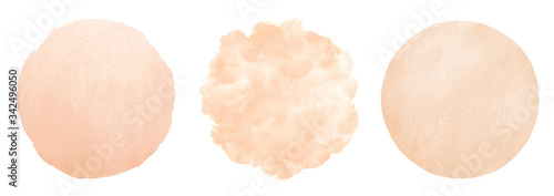 Skin, body, foundation color watercolor circle shapes set. Natural rose beige, light brown round backgrounds with watercolour stains. Painted text frames. Hand drawn abstract aquarelle fill, texture.