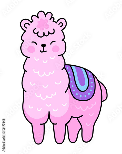 Kawaii pink alpaca. Cute llama. Simple vector illustration.