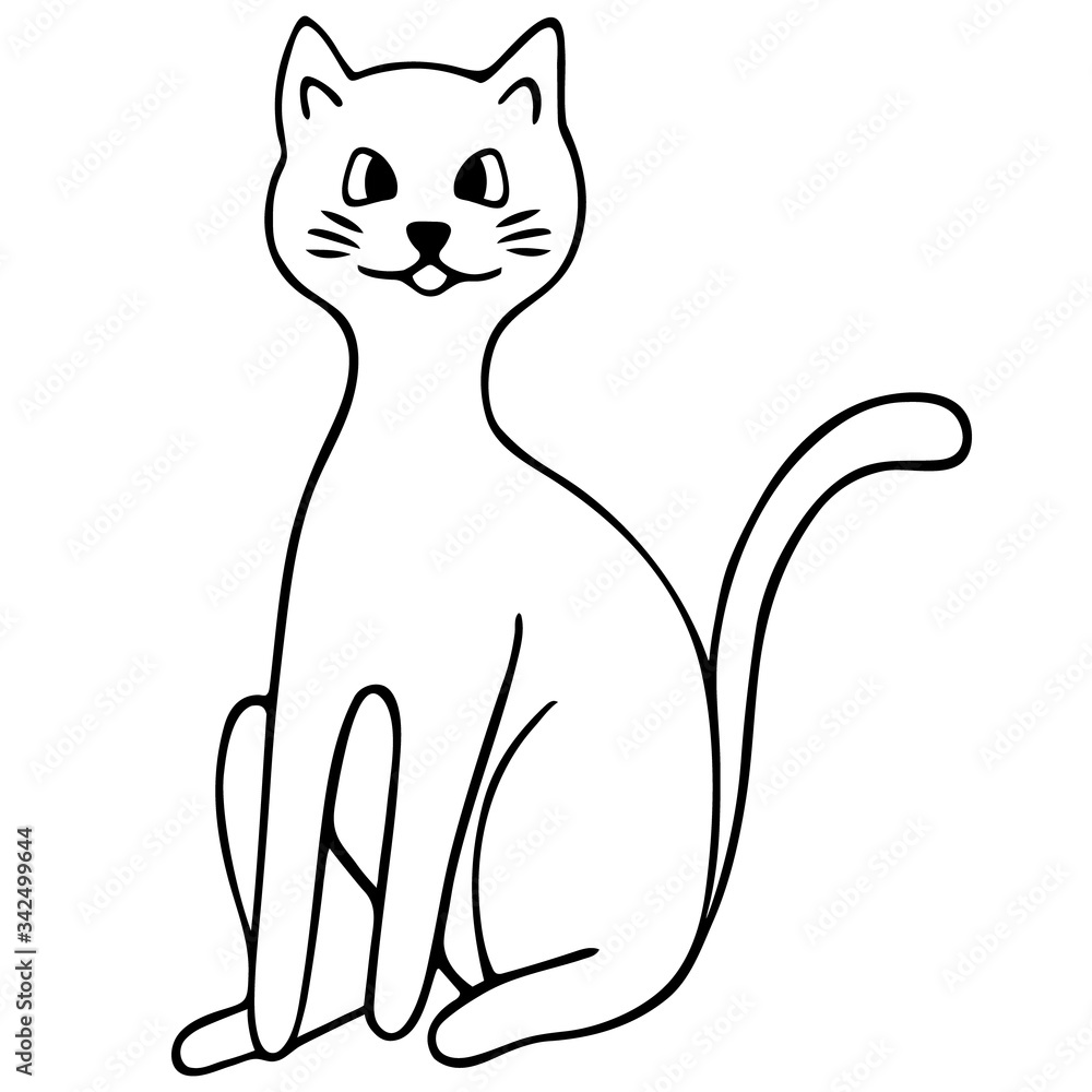 Obraz premium Cat. Vector illustration. Outline on an isolated background. Doodle style. Sketch. Coloring book for children. Lovely pet. A purring creature with a mustache. Fluffy animal. Hand drawing.