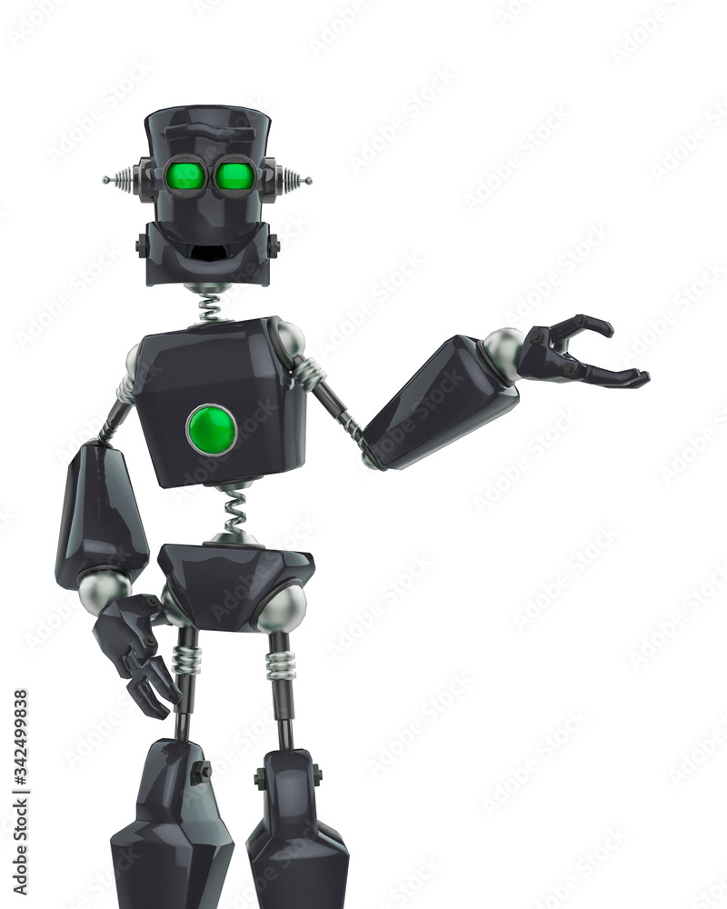 Fototapeta premium funny robot cartoon demonstraiting some thing in a white background