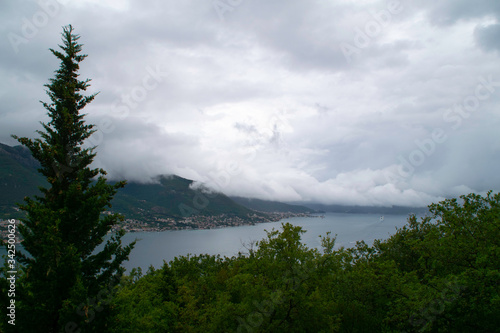 Before the storm - White clouds covered the mountains and the Bay of Kotor, Montenegro.