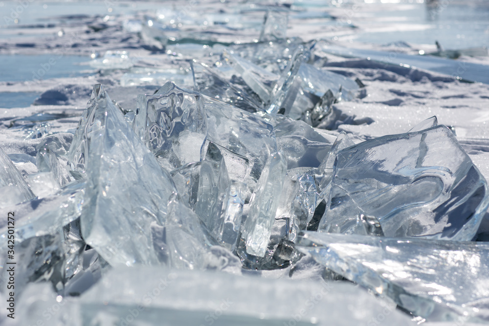 Beautiful clear ice of Lake Baikal on a sunny day