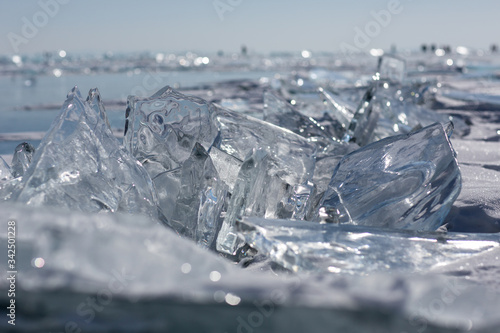 Beautiful clear ice of Lake Baikal on a sunny day