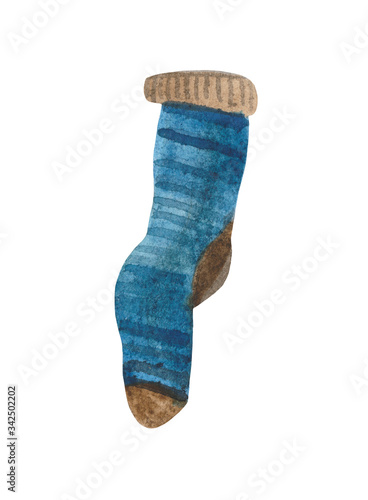 Watercolor element on a white background. Sock in the Hugge style. For design compositions in the Scandinavian style. On the topic of home comfort, lifestyle.	
