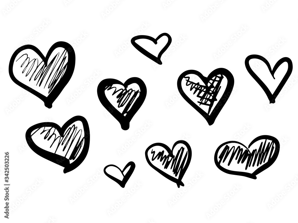 Fototapeta premium Closeup set of doodle grunge hearts isolated on white background. Set of stylish signs. Unique design elements. Black and white vector illustration for your graphic design. eps 10