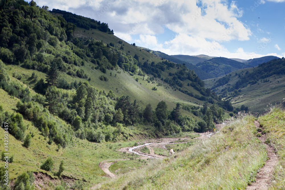 Fototapeta premium Abandoned village overlooking Mount Elbrus. Old house and amazing nature