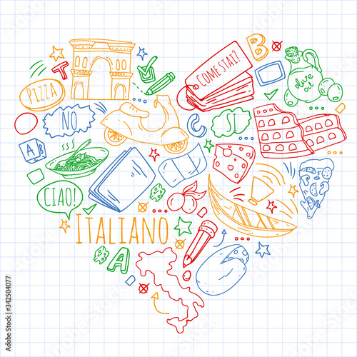 Italian language learning. Vector pattern with icons and national symbols of Italy.