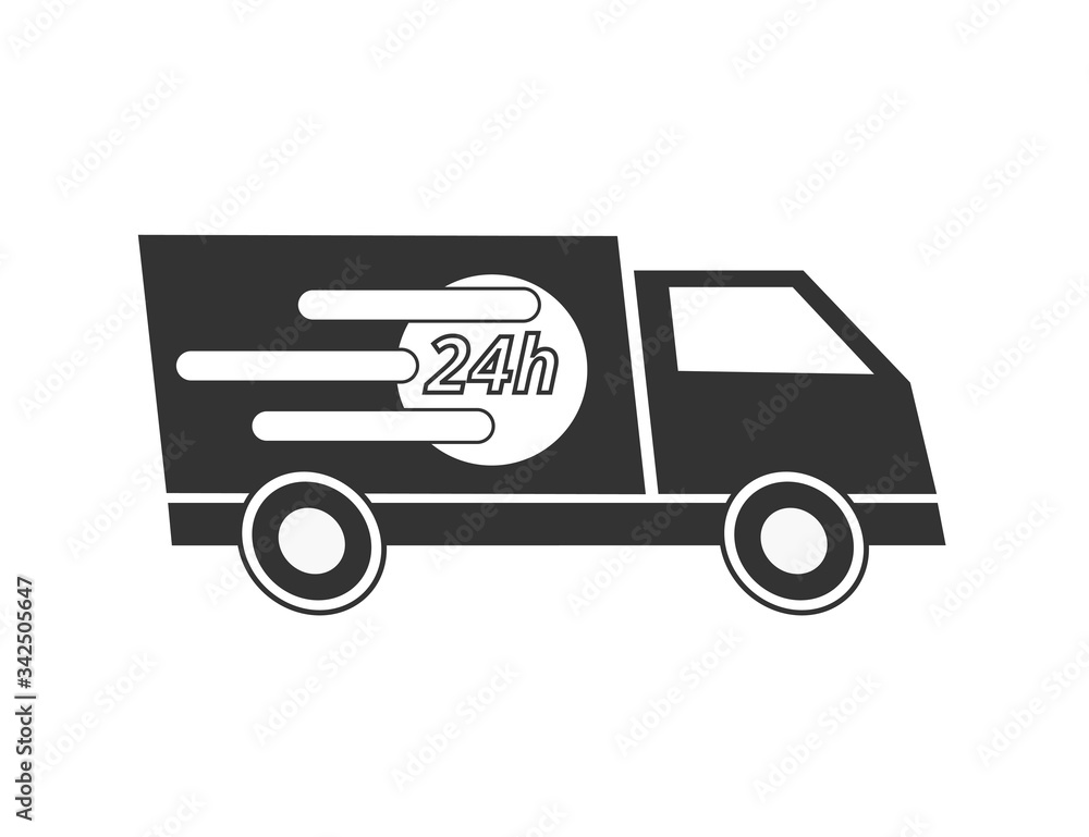 Delivery 24h truck with clock vector illustration. 24 hours fast delivery service shipping icon. Simple flat pictogram for business, marketing or mobile app internet concept Delivery 24h truck with clock vector illustration. 24 hours fast delivery service shipping icon. Simple flat pictogram for business, marketing or mobile app internet concept