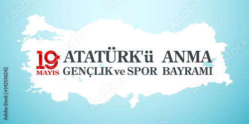 Turkish national holiday illustration banner 19 mayis Ataturk'u Anma, Genclik ve Spor Bayrami, tr: 19 may Commemoration Ataturk, Youth and Sports Day, White and red graphic design Turkish holiday card