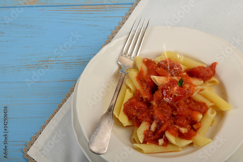penne pasta with tomato sauce on a white plate with empty space for text