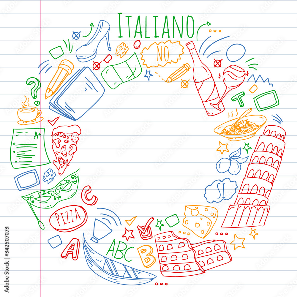 Italian language learning. Vector pattern with icons and national symbols of Italy. Italian language learning. Vector pattern with icons and national symbols of Italy.