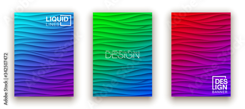 Minimal fluid covers design wall panel. Halftone colorful realistic 3d relief wave design. Future liquid modern interior gypsum stucco relievo patterns. Eps10 vector background set.