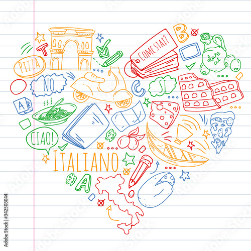 Italian language learning. Vector pattern with icons and national symbols of Italy.