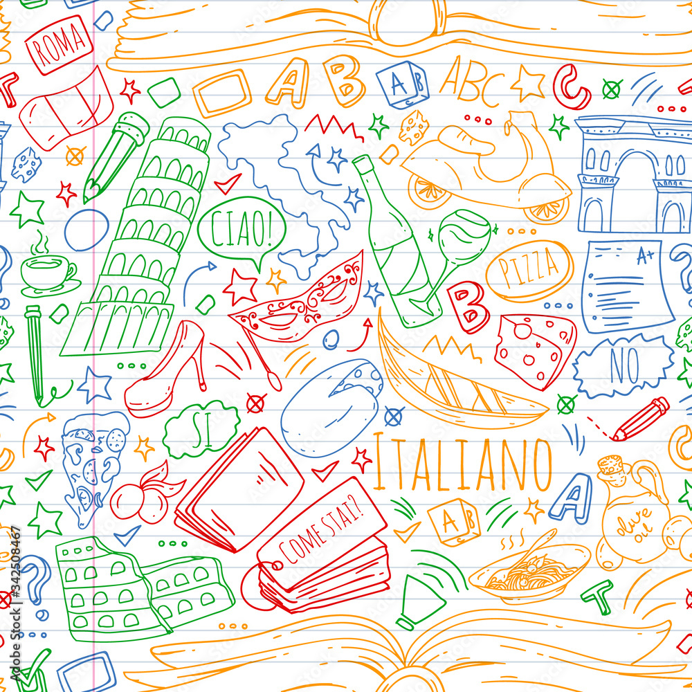 Italian language learning. Vector pattern with icons and national symbols of Italy. Italian language learning. Vector pattern with icons and national symbols of Italy.