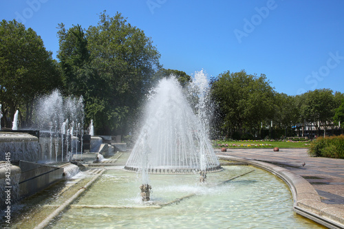 Fountain in the public gardens, which is located in the grounds of the Town Hall is one of the emblematic sites of the reconstruction by Auguste Perret. Le Havre, Normandy, France.