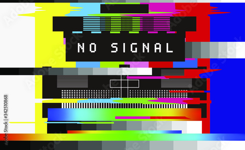 No Signal TV retro television test pattern with color RGB Bars and VHS glitch effect. Vaporwave and retrowave style background.