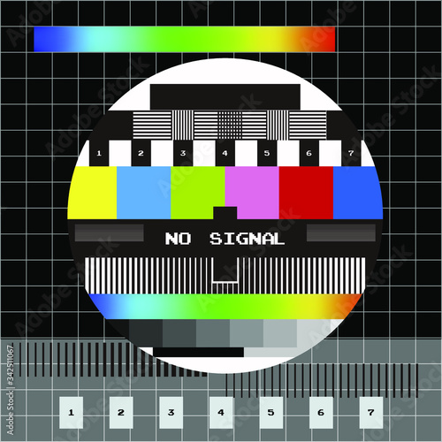 No Signal TV retro television test pattern with color RGB Bars and VHS glitch effect. Vaporwave and retrowave style background.