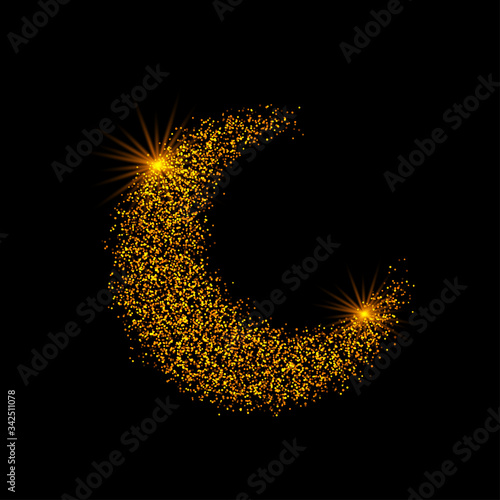 Crescent golden glitter moon on shiny black background for holy month of Muslim community Ramadan Kareem. Eid Mubarak glitter holiday design with glowing lights. Luxury gold crescent with confetti.