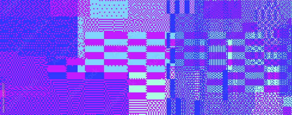 Abstract technology background with random pixel noise. Vaporwave retrofuturistic style illustration. - obrazy, fototapety, plakaty 