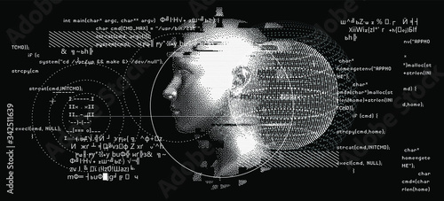 Silhouette of a human head. Conceptual image of AI (artificial intelligence), VR (virtual reality), Deep Learning  and Face recognition systems. Cyberpunk style vector illustration.
