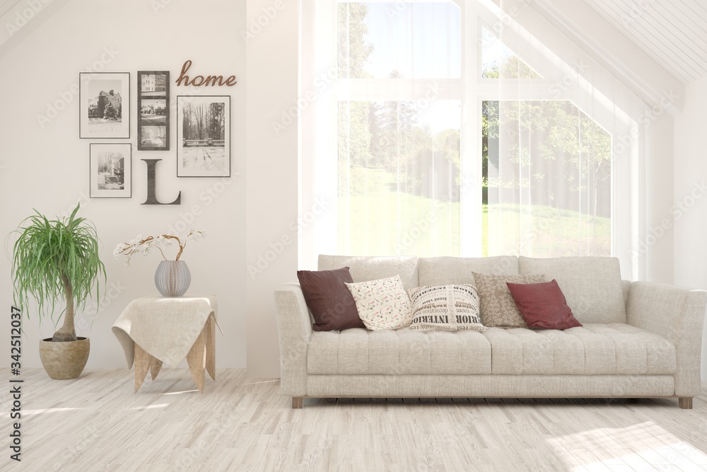Fototapeta premium White living room with sofa. Scandinavian interior design. 3D illustration