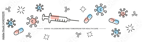 Coronavirus Covid-19 Looking Beyond Tomorrow for Health Care line design colorful virus antibodies medicine draw white banner