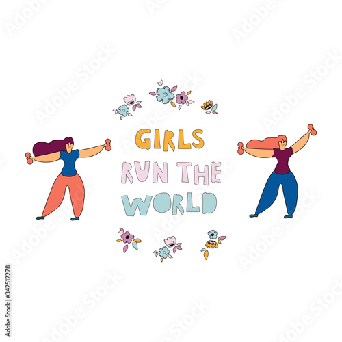 Girls run around the world hand drawn vector lettering. Song phrase inside floral frame drawing. Girl power quote. Female greeting card template