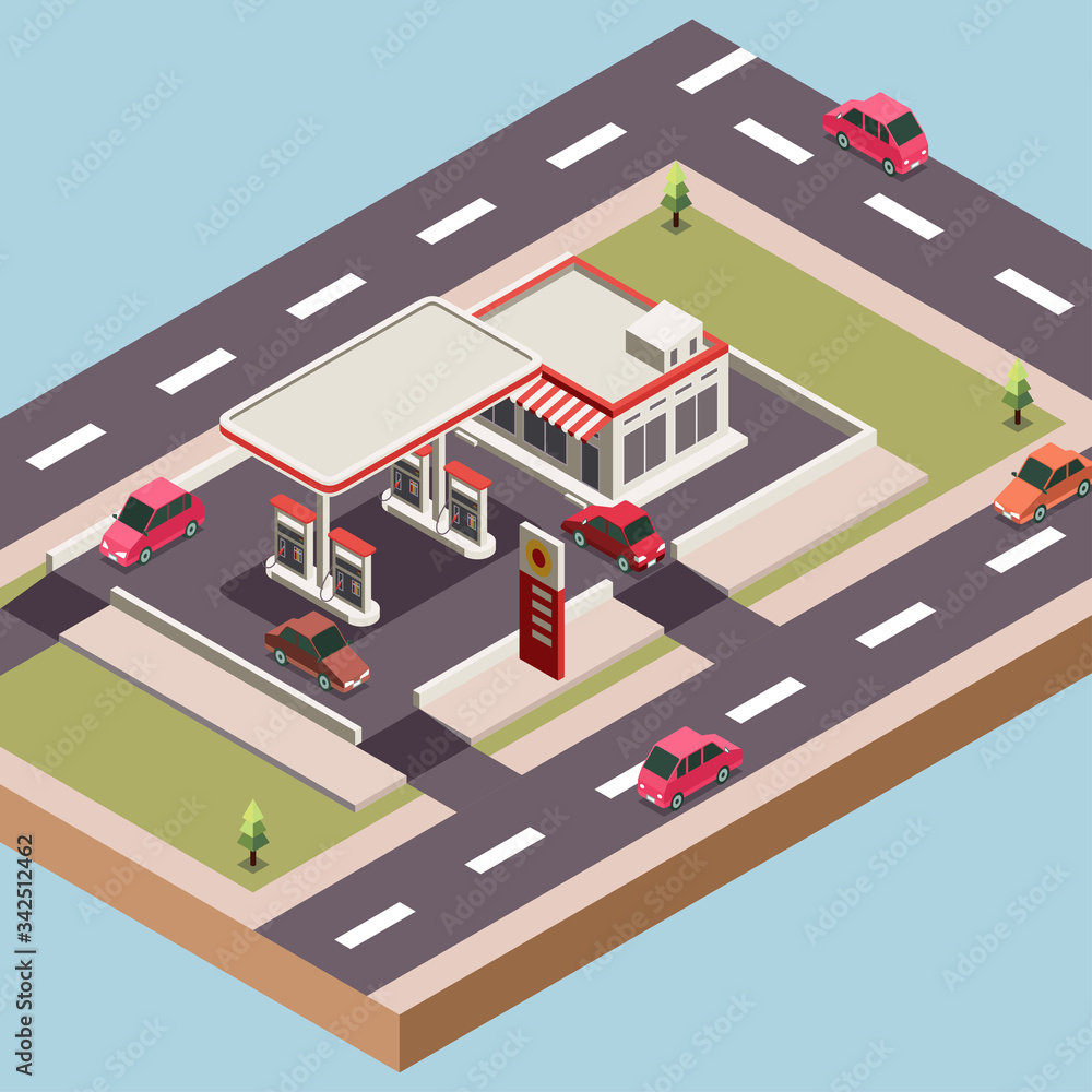 Isometric Vector Illustration Representing a Gas Station with a Store Surrounded by Roads and Cars in a Town