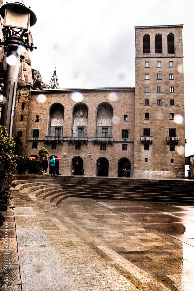 Montserrat monastery square on a rainy day