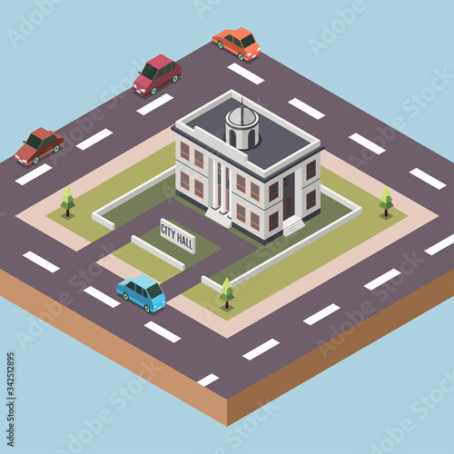 Isometric Vector Illustration Representing a City or Town Hall Surrounded by Roads and Cars in a Town