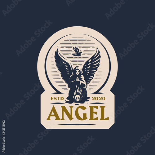 A female angel praying kneeling in front of a burning skull. 