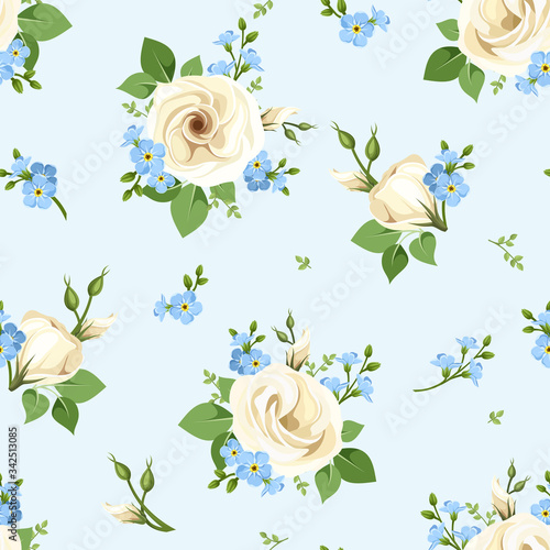 Vector seamless pattern with white lisianthuses and blue forget-me-not flowers on a blue background.