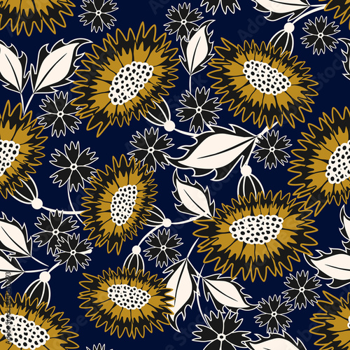 Vector floral seamless pattern. Elegant ornament with fantasy flowers, sunflowers, daisies, leaves. Sketch style painting. Black, white and mustard color. Simple vintage background. Repeat design