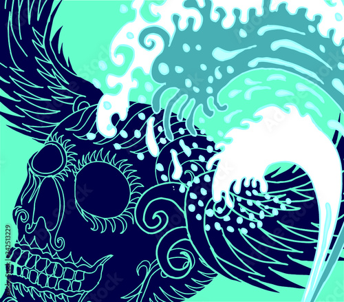skull surf wave graphic design vector art