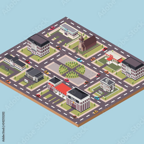Isometric Vector Illustration Representing Town Center with City Square and Government Buildings Surrounded by Roads and Cars in a Town