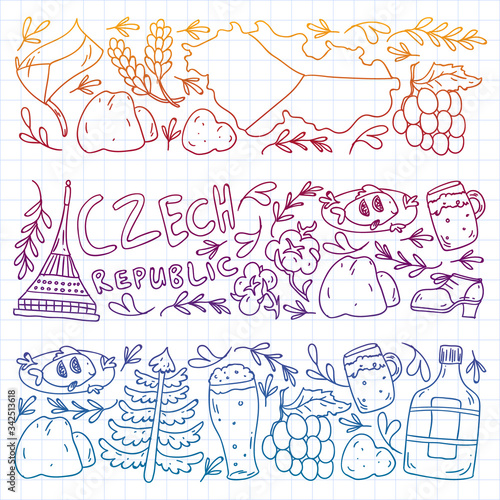 Vector icons and symbols. Czech Republic illustrations for banners, posters, background.