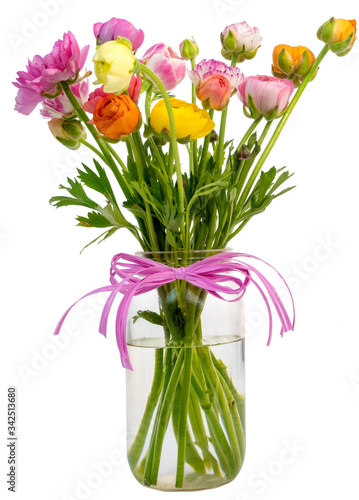 Fototapeta Naklejka Na Ścianę i Meble -  Spring bouquet of colorful peonies isolated on white with pink bow.