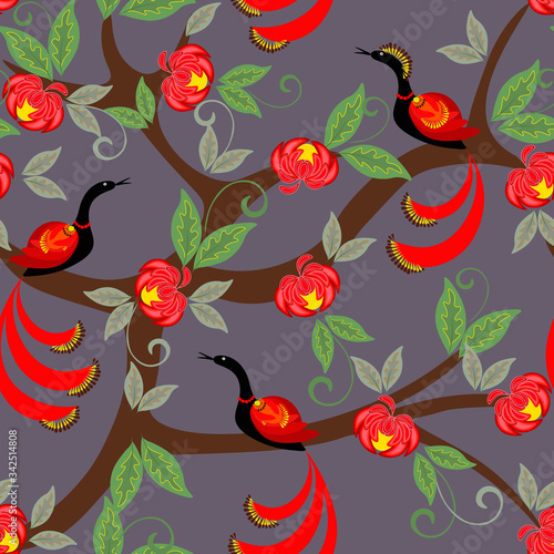 Vector floral seamless pattern. Elegant ornament with fantasy red flowers, phoenix birds on tree. Traditional folk style painting. Hand drawn background. Repeat design for textile, tileable print